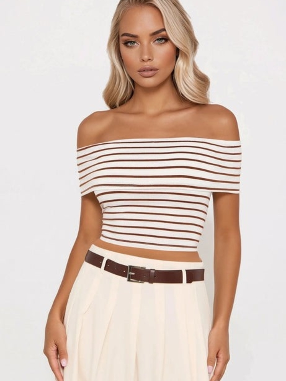 Fashion Nova Cream and Brown Striped Off-Shoulder Crop Top